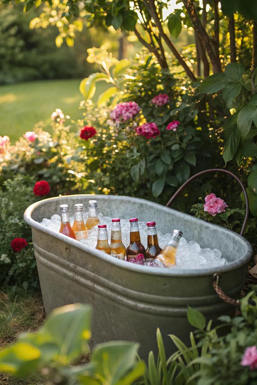 A beverage tub with an ice halo is both functional and ornamental.