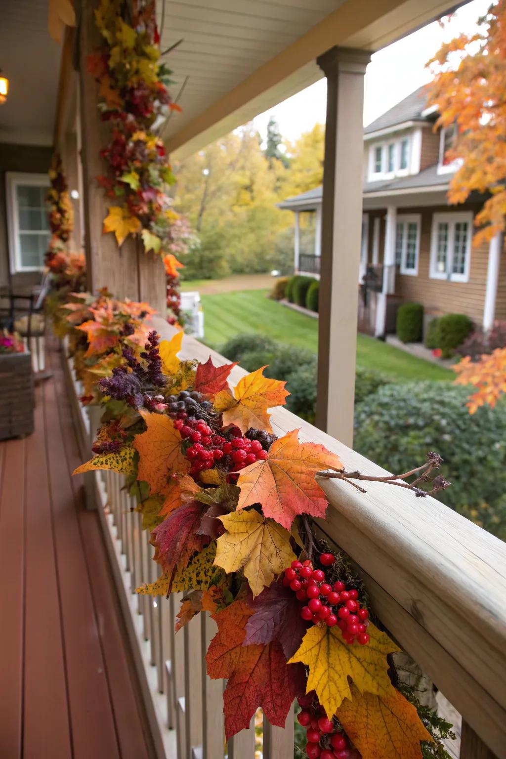 A garland of foliage and berries introduces a festive touch to the veranda.