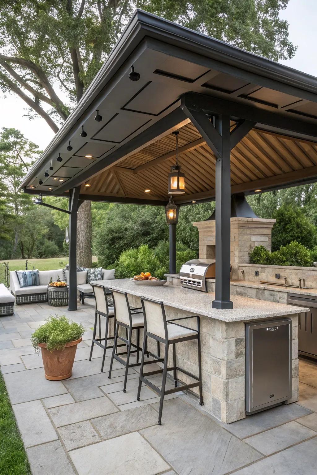A sheltered design ensures your outdoor kitchen bar is perpetually ready for use.