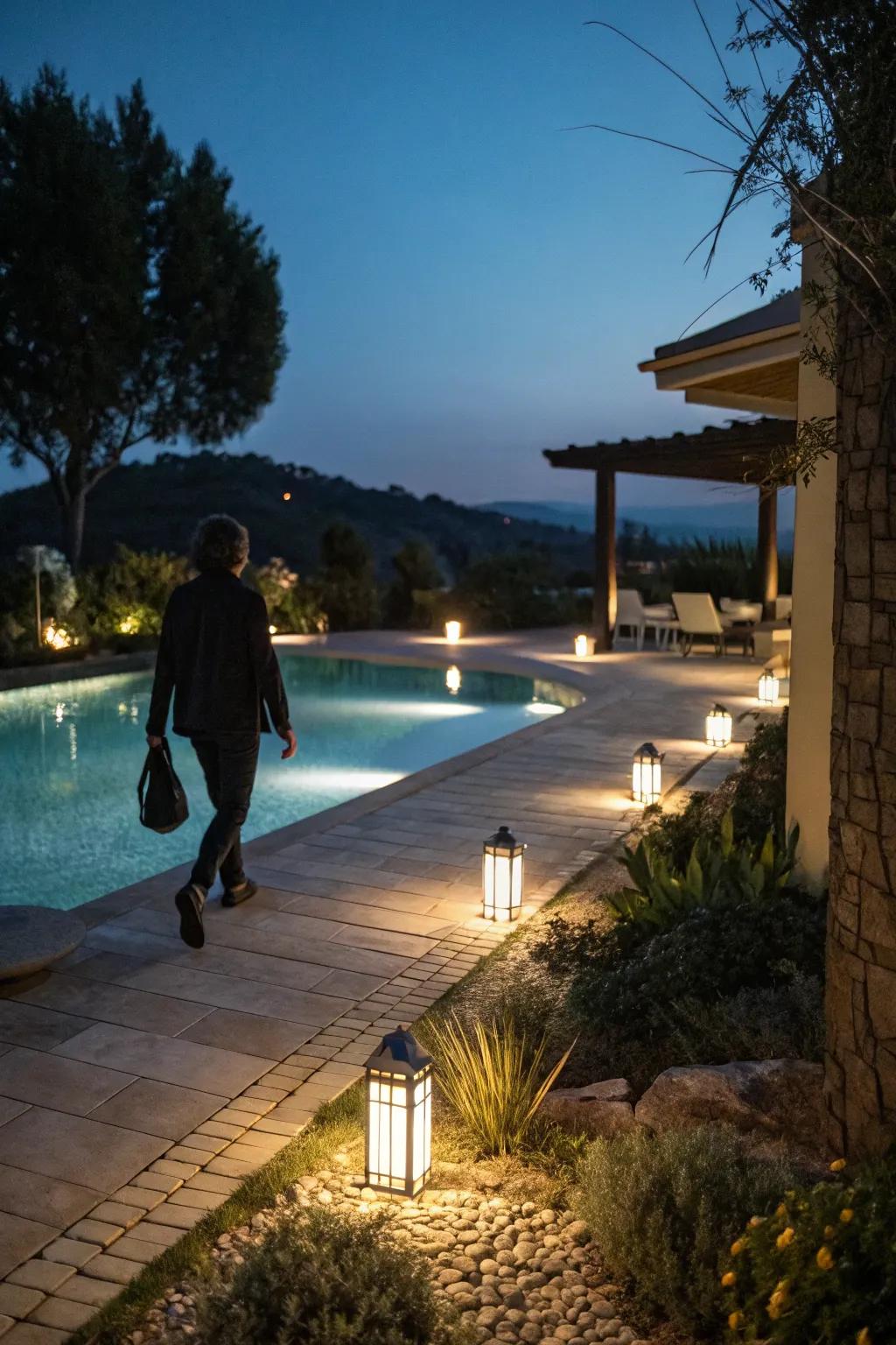 Movement sensor lamps provide protection and brighten walkways as required.