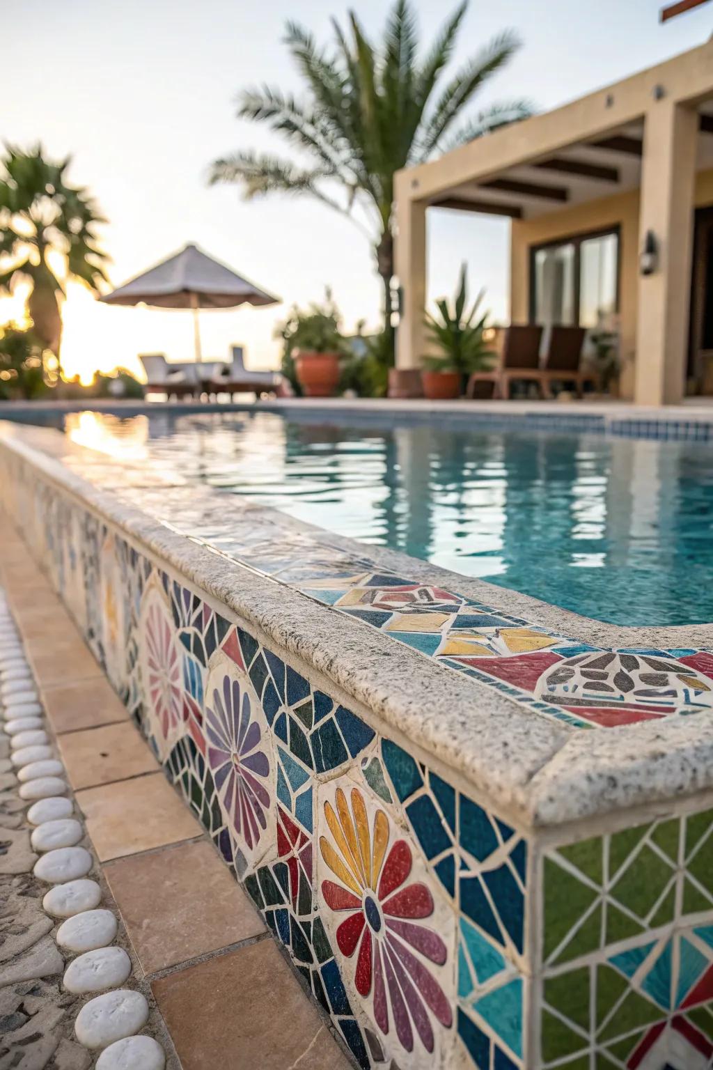 Mosaic tiles incorporate vibrant color and artistic flair to your pool.