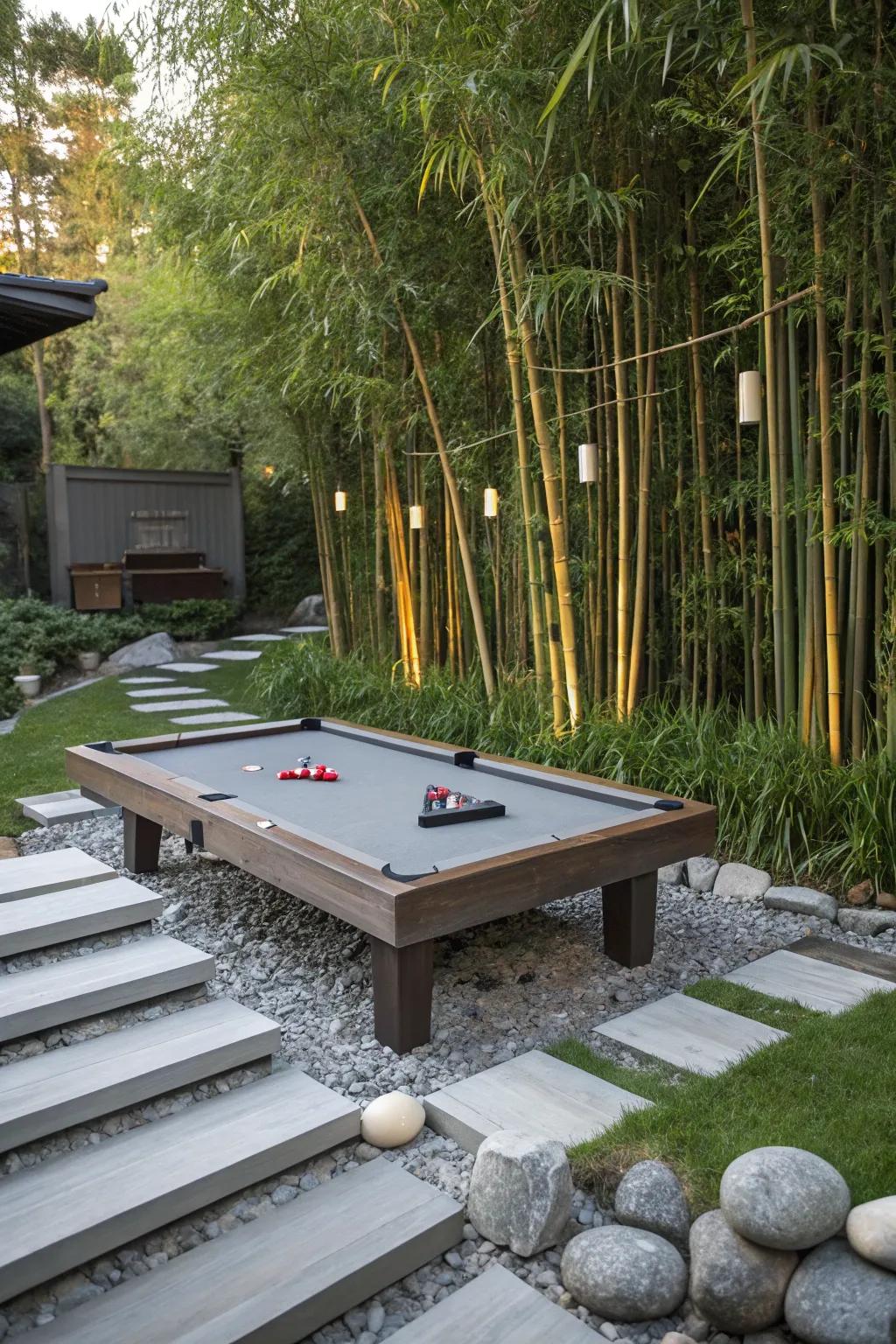 A game table nestled in a serene Zen garden.
