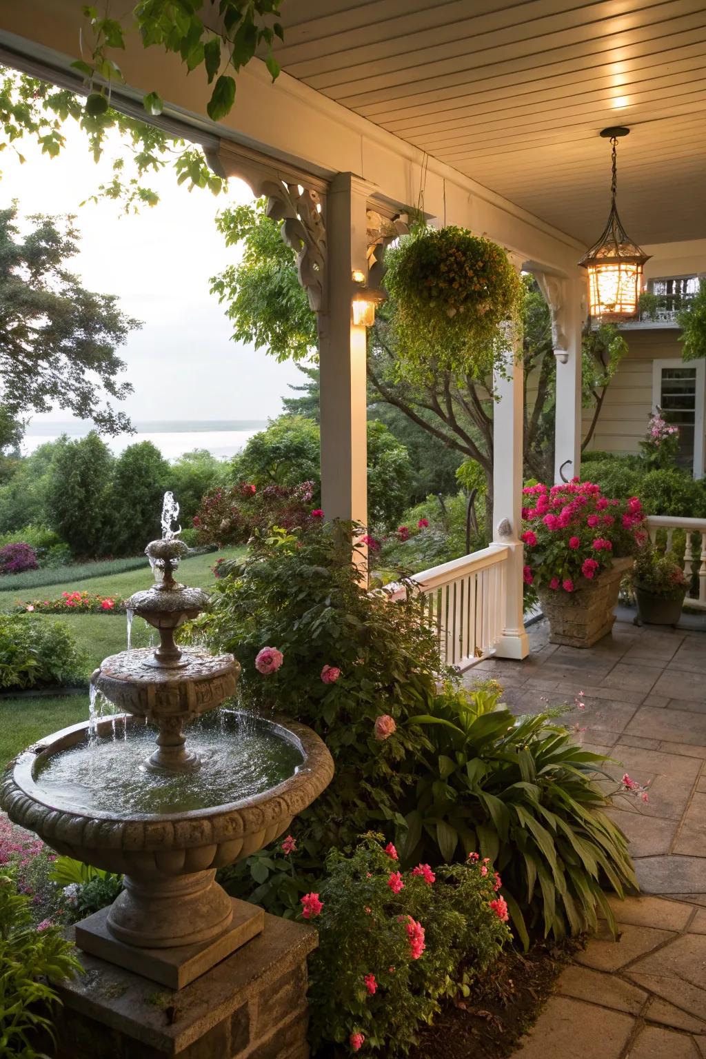 A small water feature appends a serene accent to this relaxing porch.