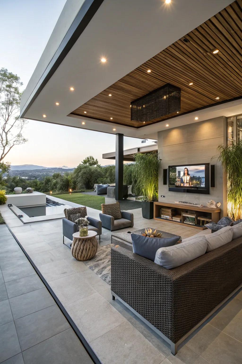 A sunken lounge space furnishes a singular and opulent outdoor television experience.