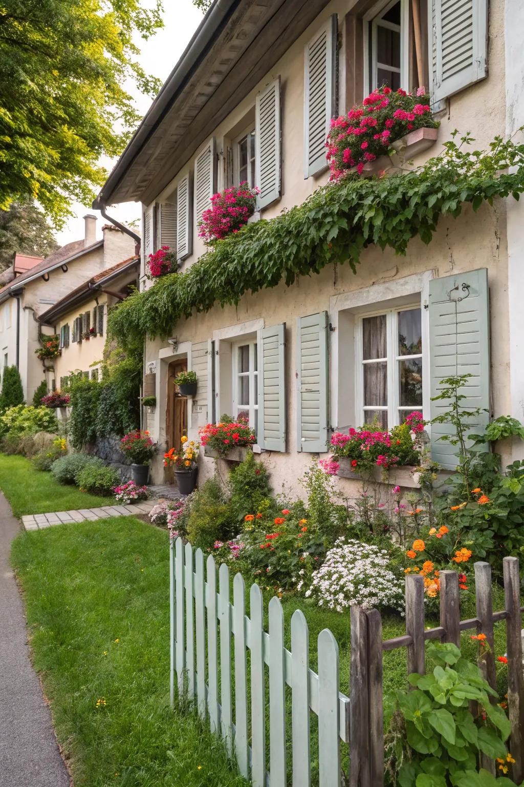 Residence showcasing shutters paired with window boxes filled with flowers.