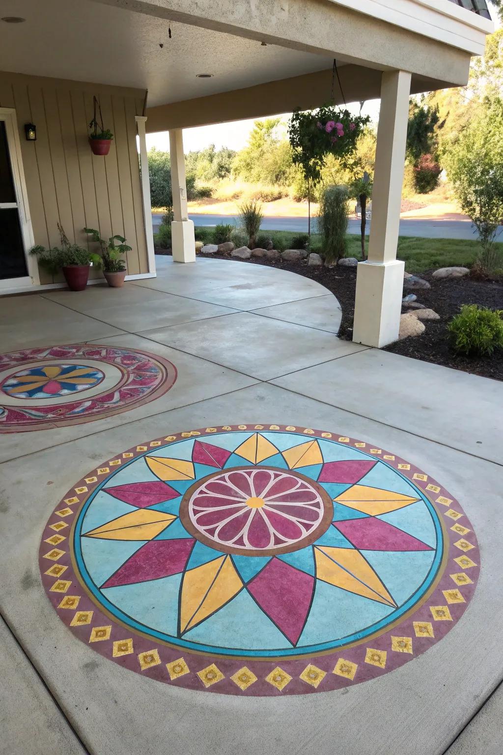 A central emblem design serves as a stunning focal point on this patio.