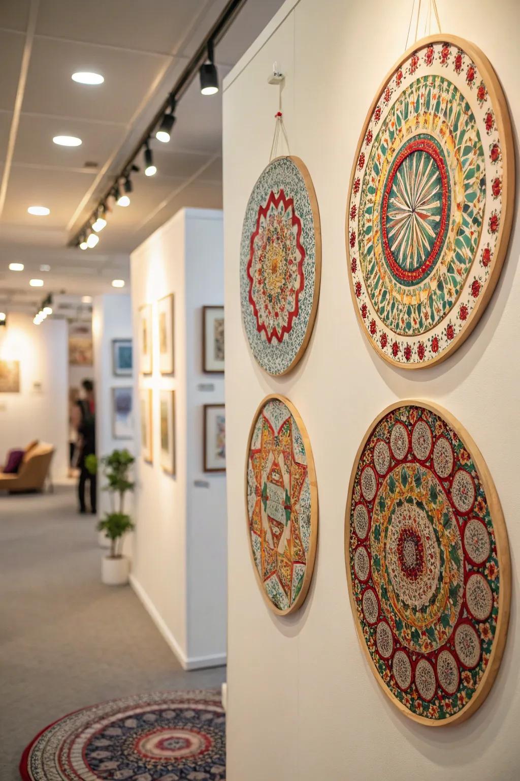 Room showcasing artistic circular patterned panel designs.