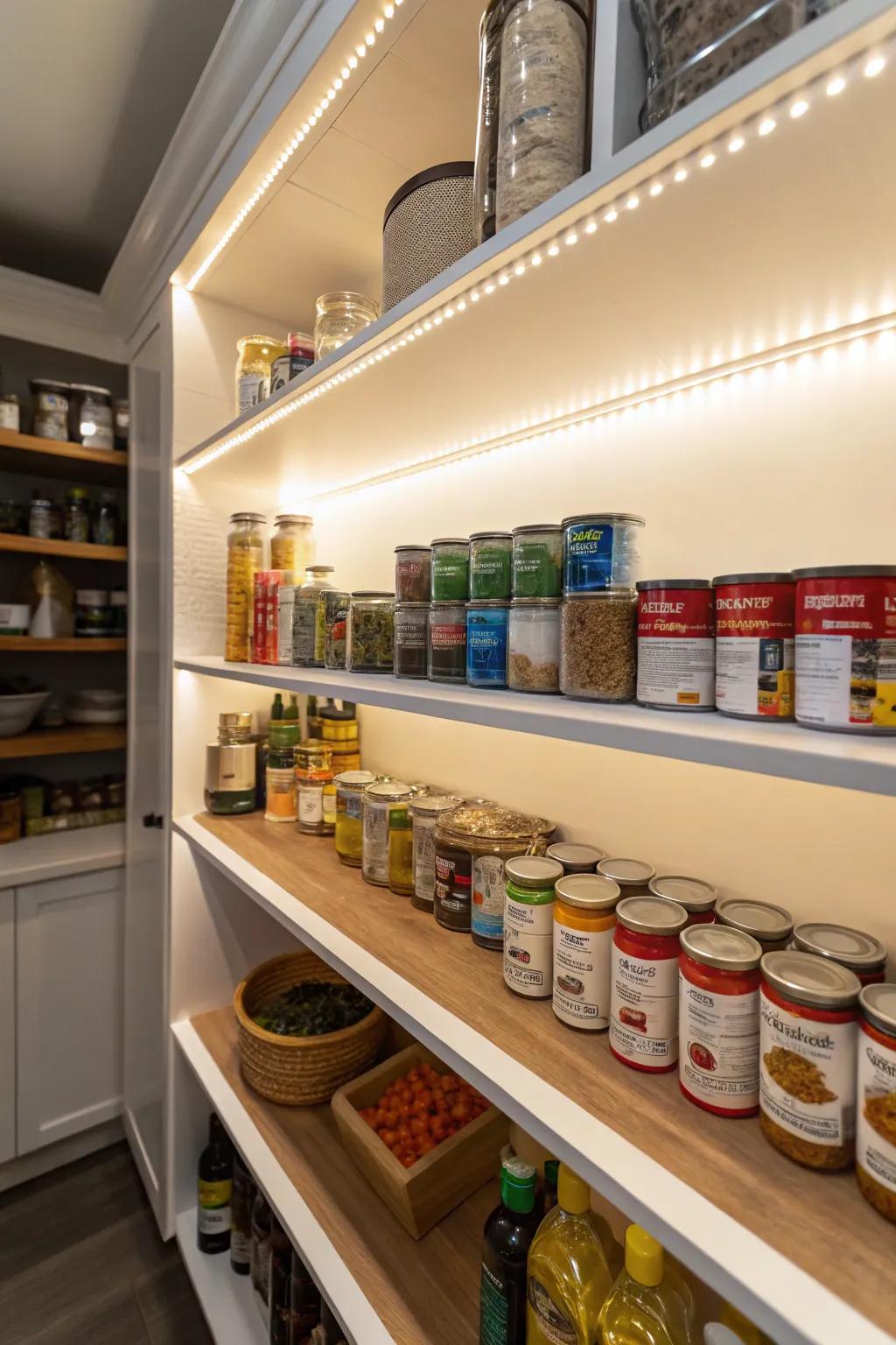 A pantry featuring integrated LED lighting, offering a luxurious ambiance.