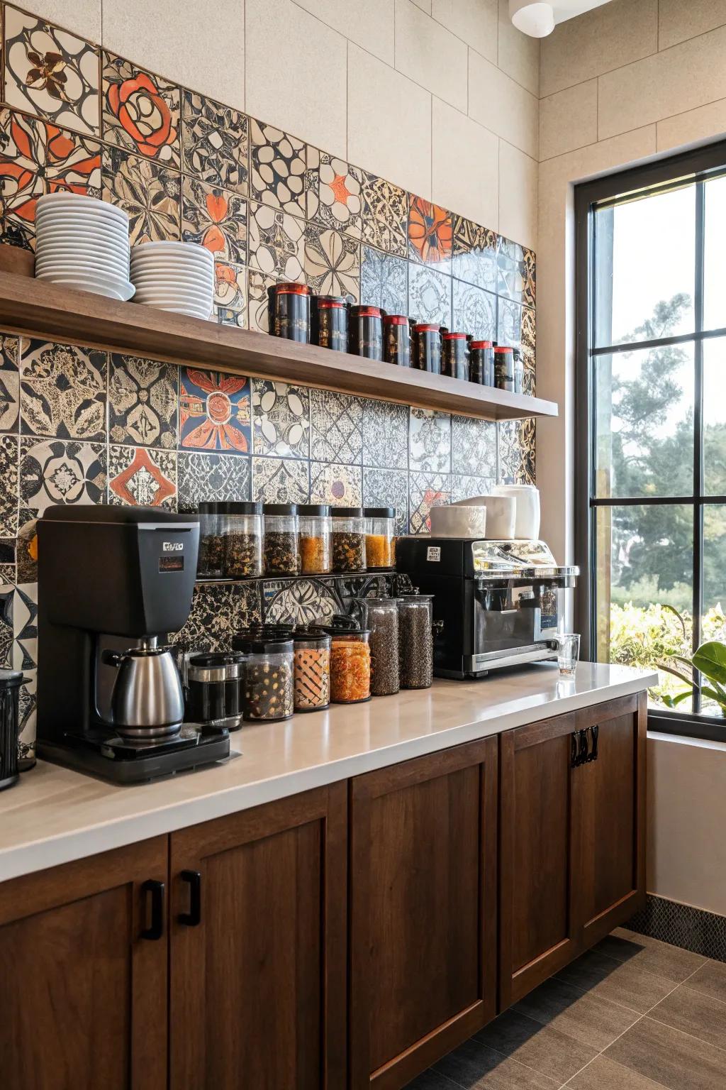 A striking backsplash creates a dramatic statement in a coffee bar.