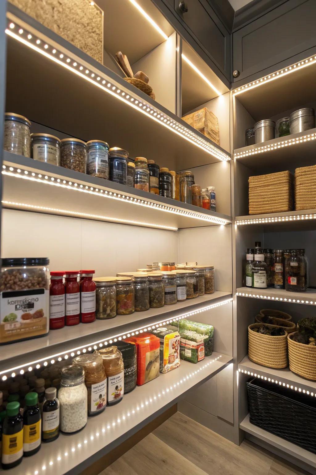 LED strip lighting inside a pantry enhances visibility and adds a modern feel.
