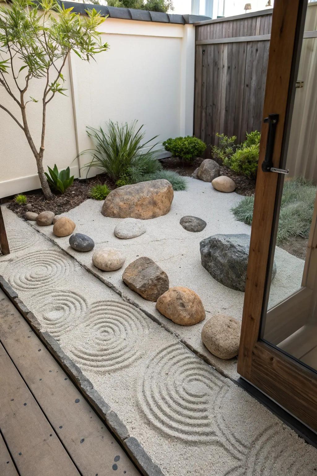 A Zen garden corner presents a tranquil escape within your patio.