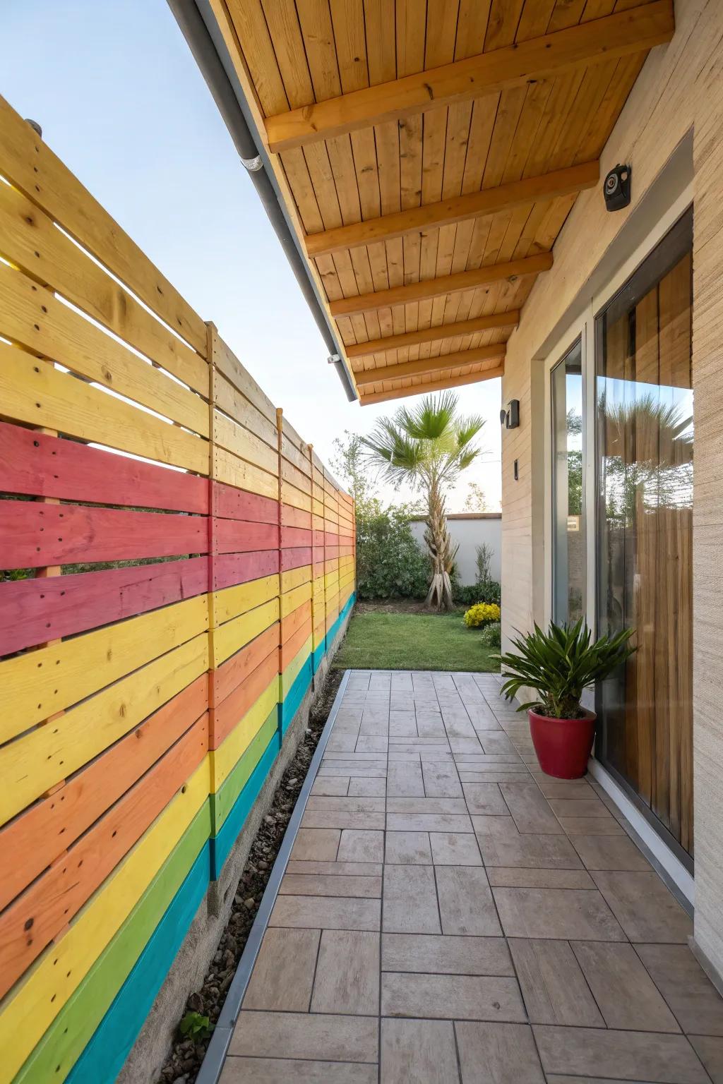 A colorful patio wall showcasing painted timber boards.