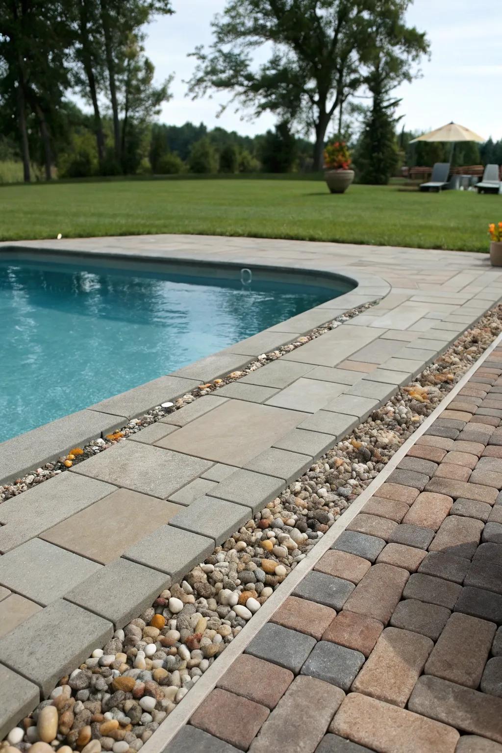 Pebble borders add texture and contrast to the paver design.