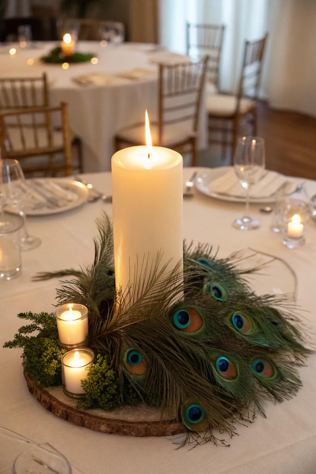 A cozy focal point featuring avian plumes and light from a candle.