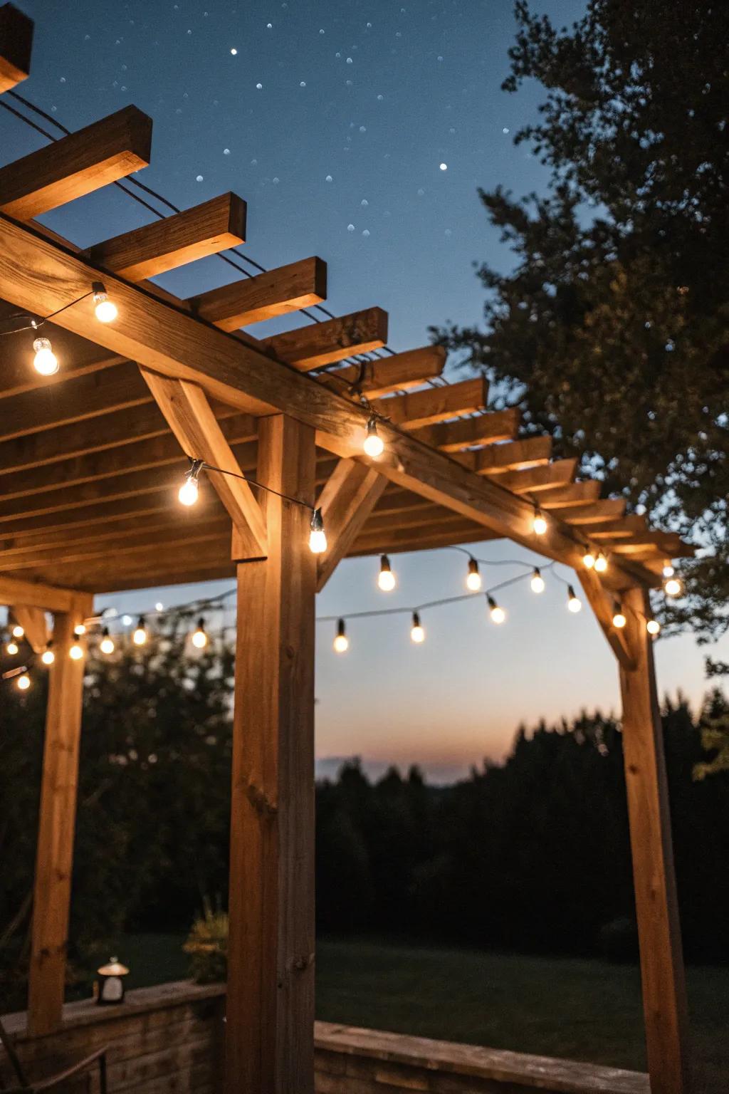 String lights add a magical evening ambiance to this structure.