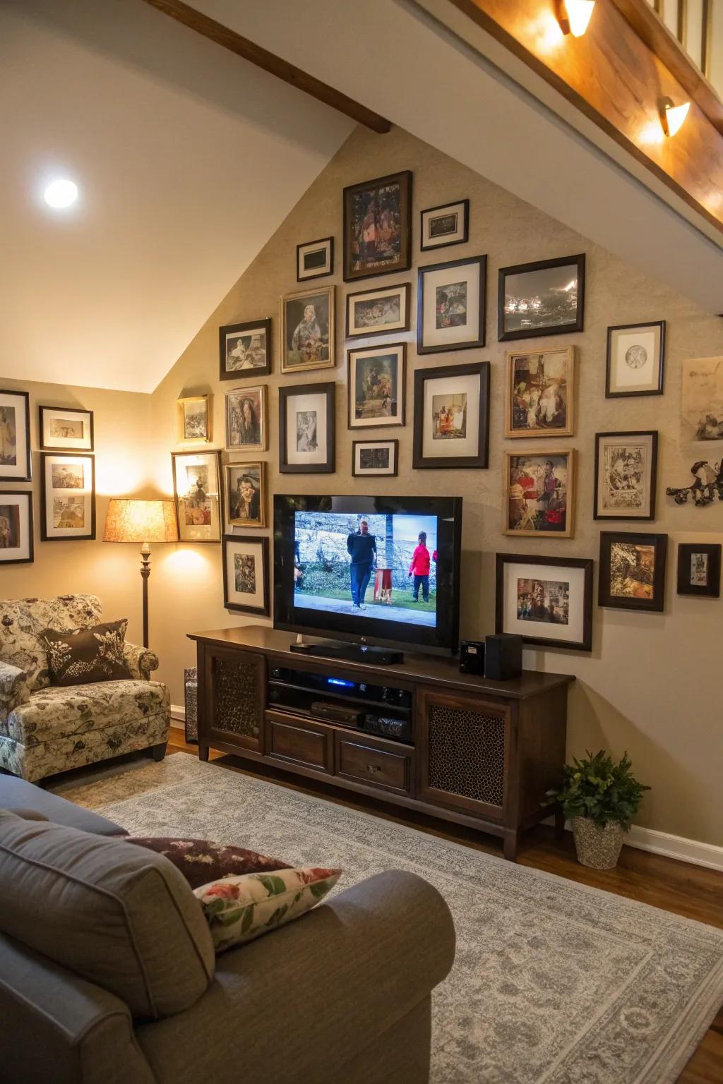 A TV integrated into a gallery on the wall.