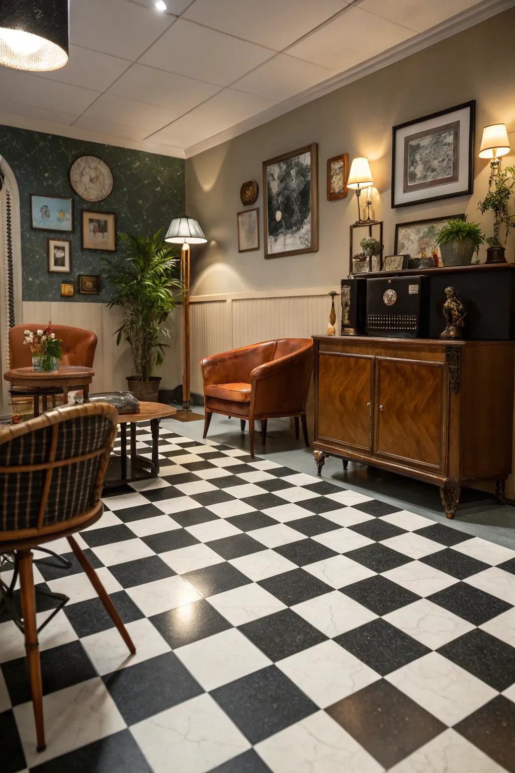 Checkerboard tiles offer a timeless retro vibe.