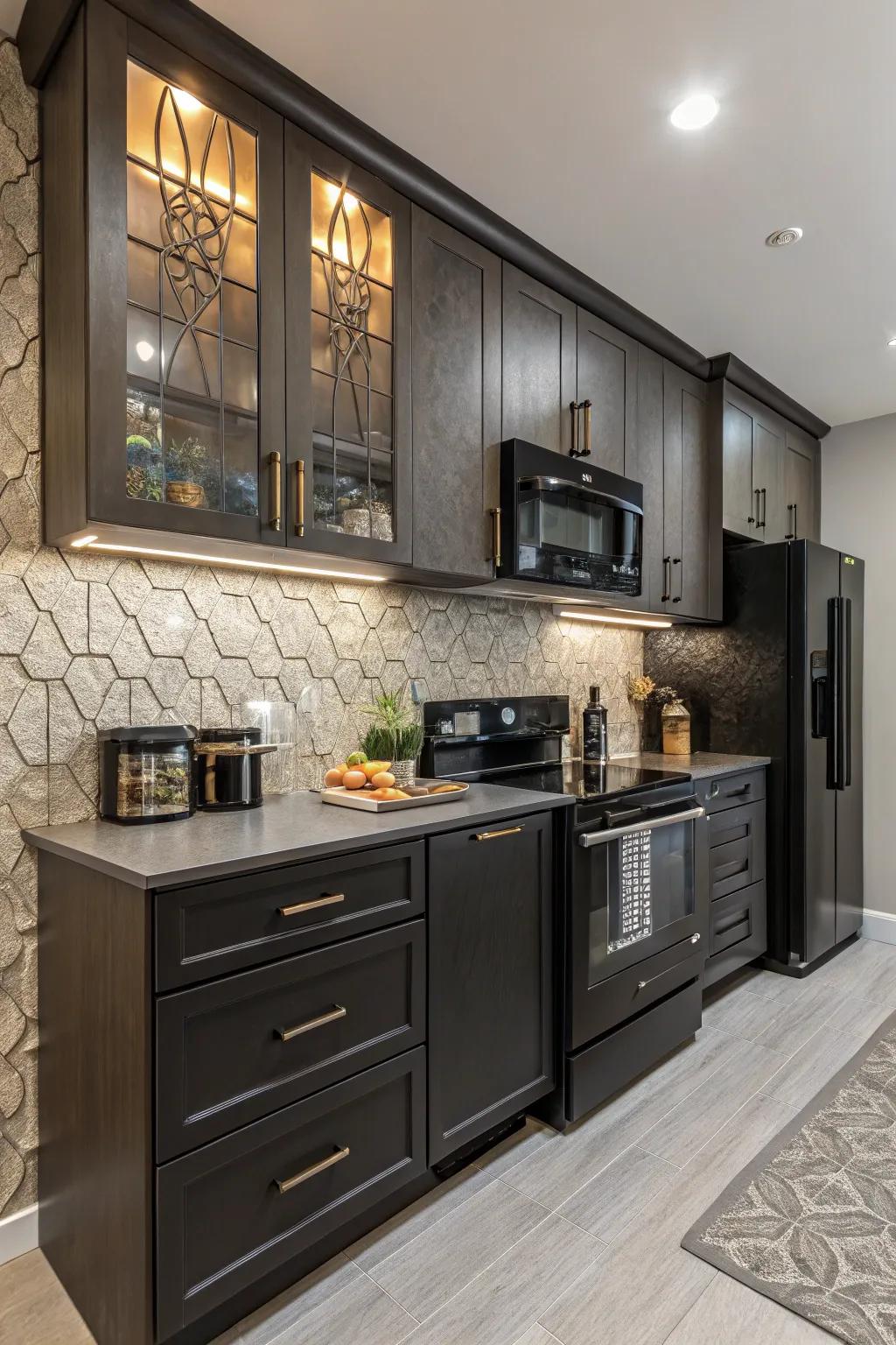 Textures introduce depth to a refined cooking space.