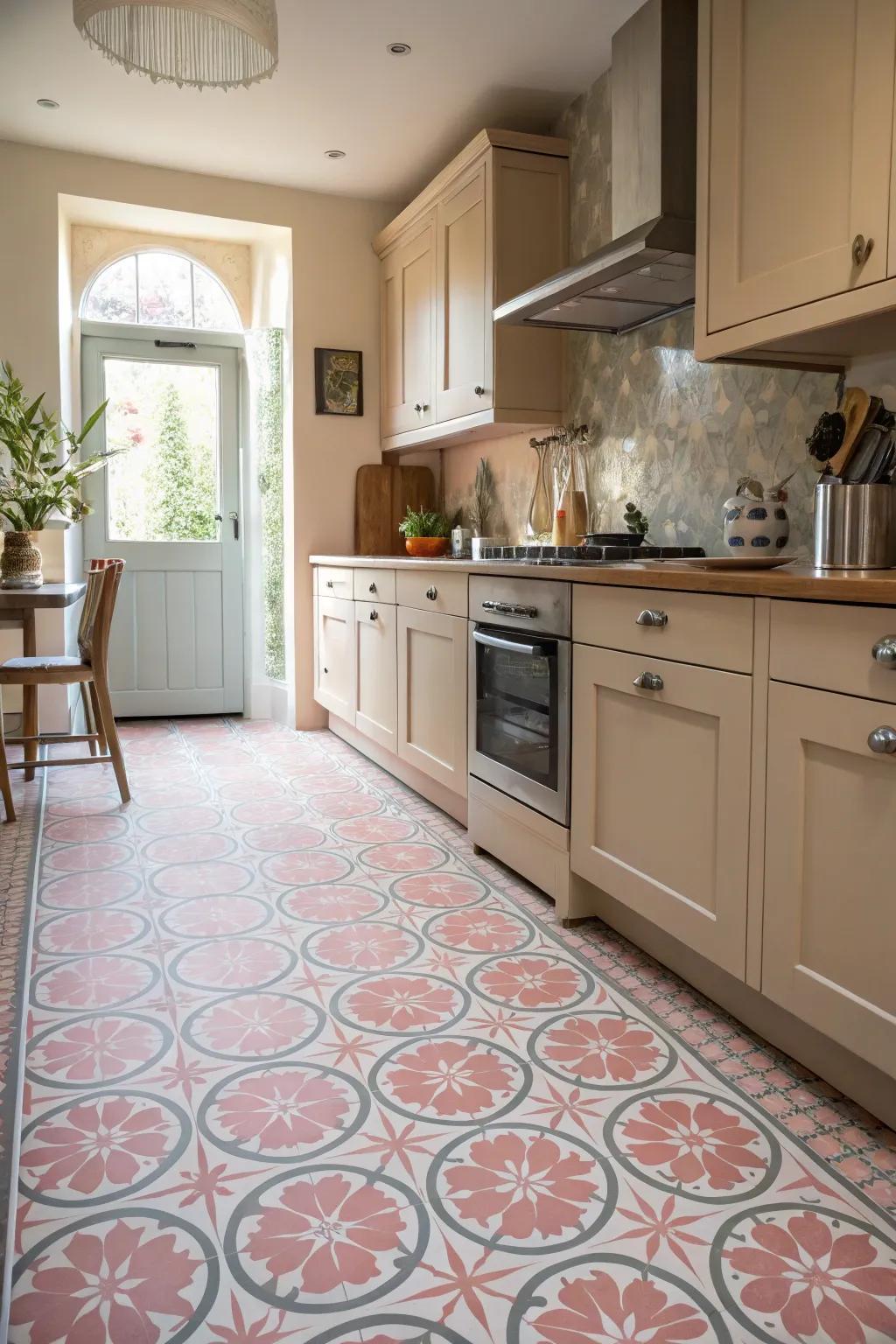 Patterned floor covering linking rose and grey colors.