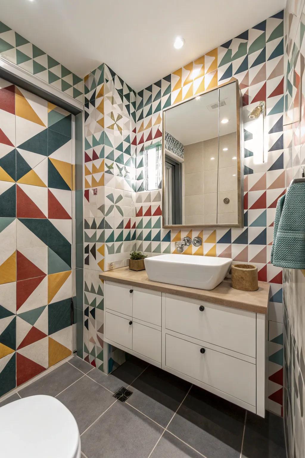 Geometric designs give bathrooms a modern edge.