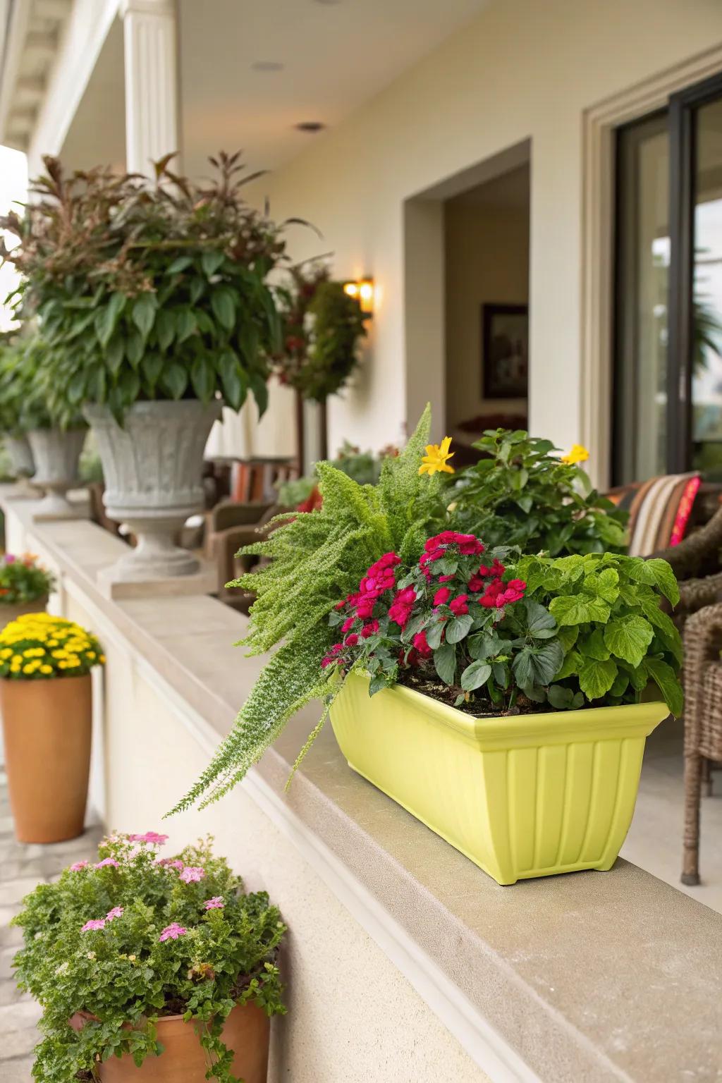 A vibrant container appends an astonishing burst of pigment to this botanical ledge.