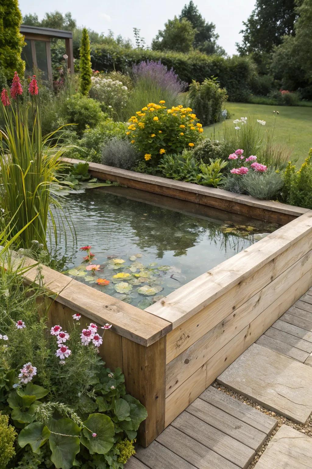 An elevated pond offers a distinctive visual element and simpler upkeep.