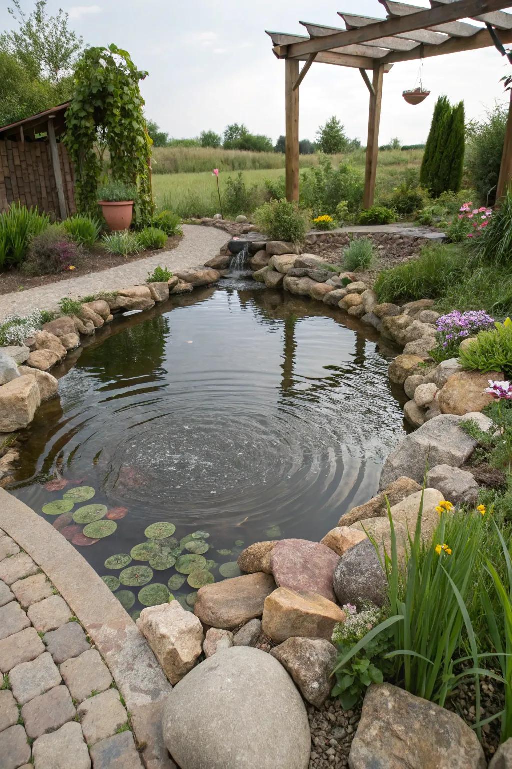 A rustic, natural pond built without a liner, residing in a backyard landscape.