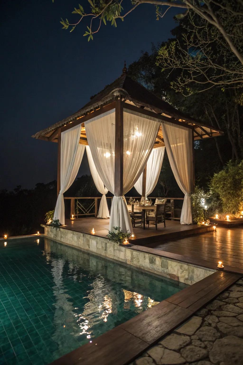 A suspended pavilion offers a captivating poolside experience.