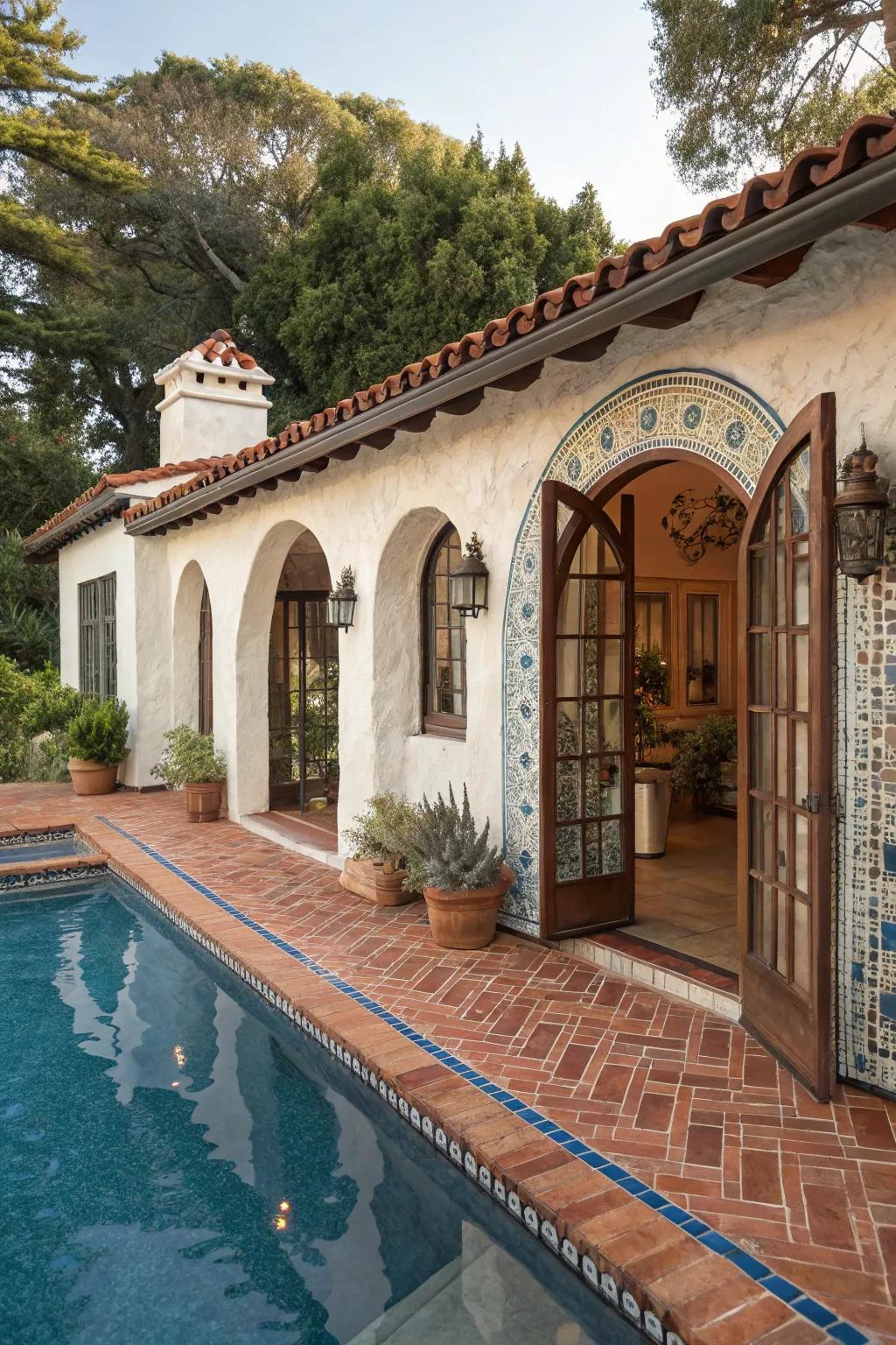 A pool house radiating Mediterranean cottage beauty.