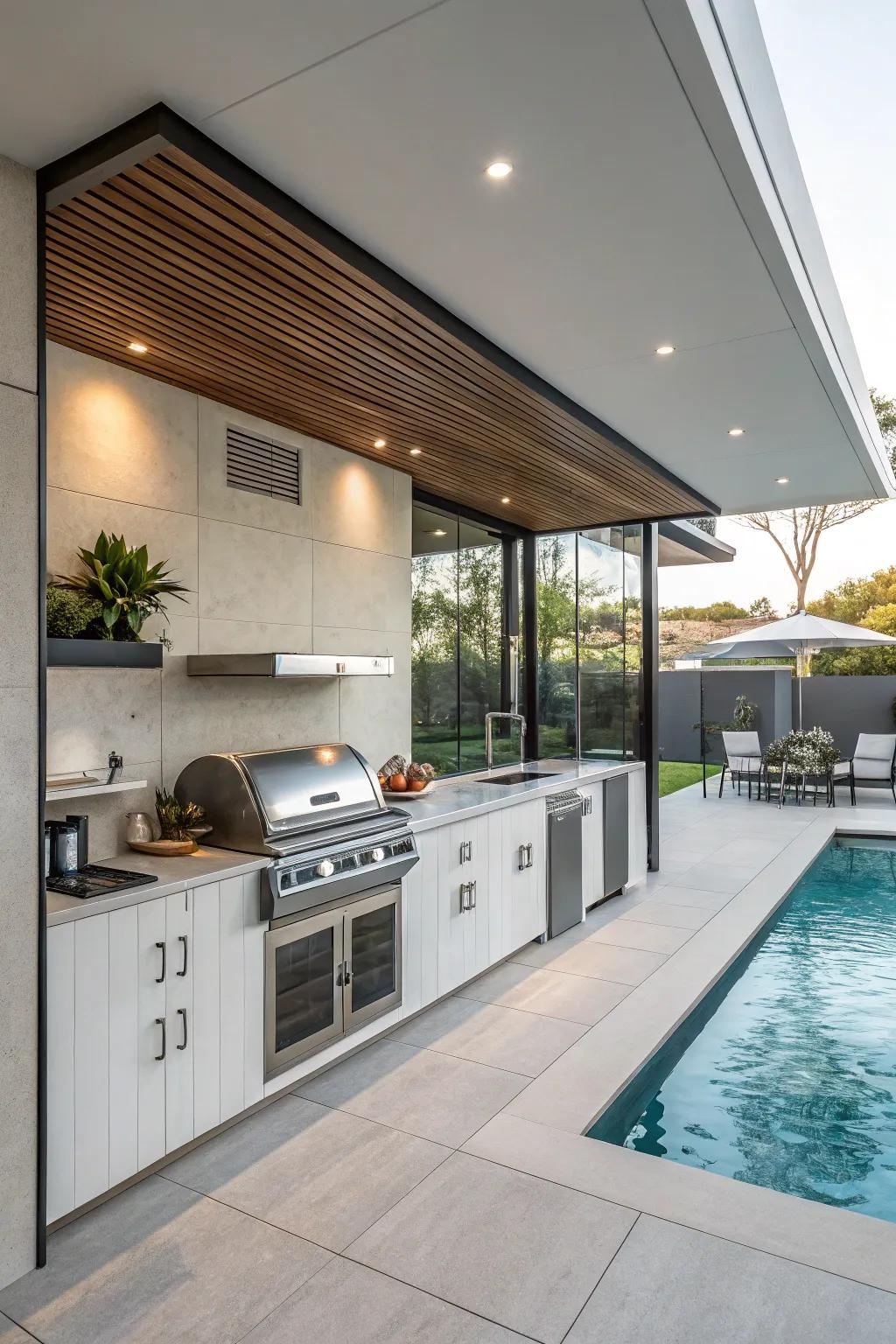 A built-in roaster is perfect for poolside barbecues.