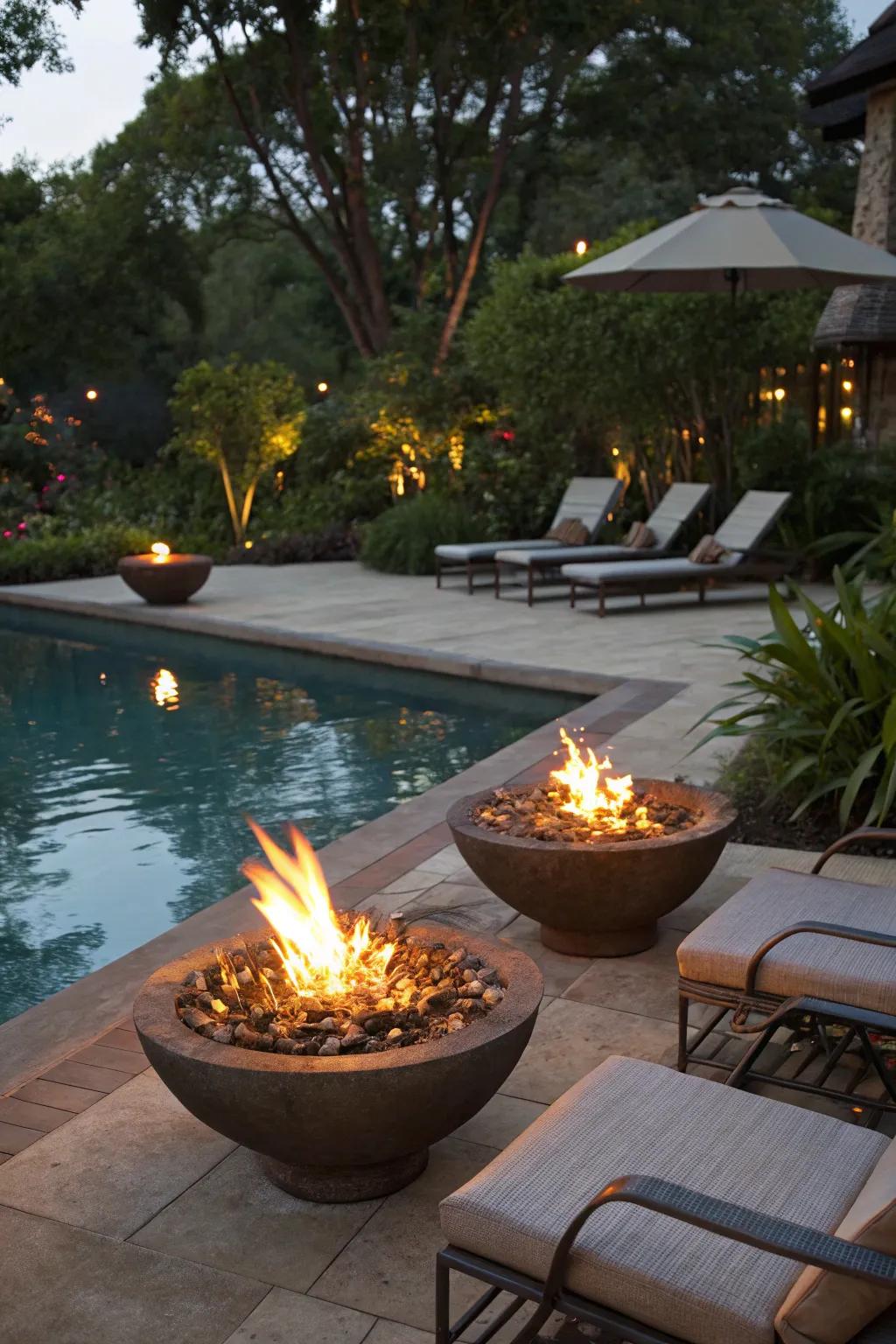 Fire bowls contribute heat and a captivating flair to your poolside.