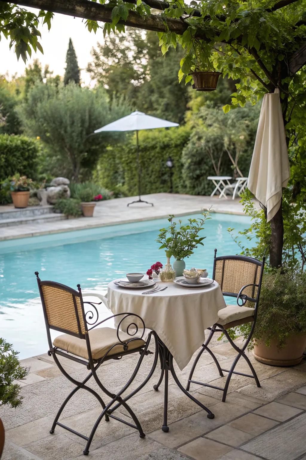 An intimate bistro area is impeccably suited for intimate, serene interludes near the pool.