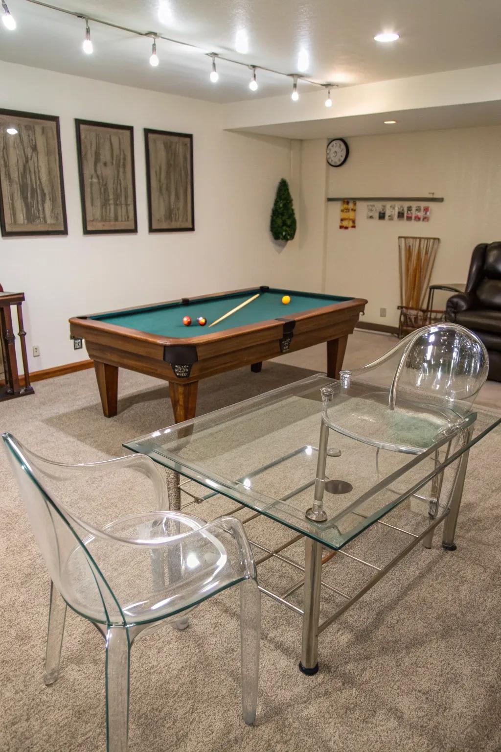 Glass elements create a sense of openness in a small pool table room.