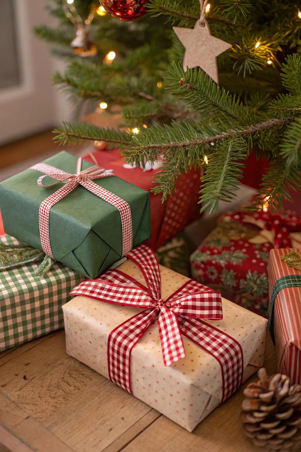 Checkered tapes add a lively yet elegant aspect to holiday design.