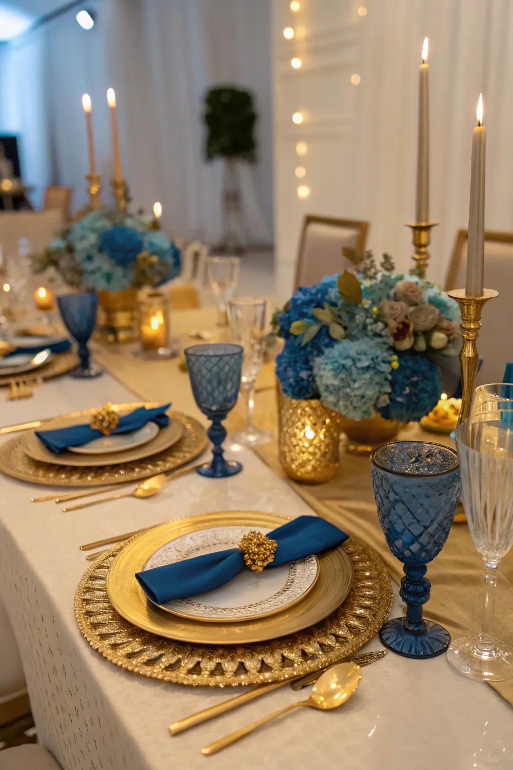 Gilded and cerulean fashion a majestic and graceful dance arrangement.
