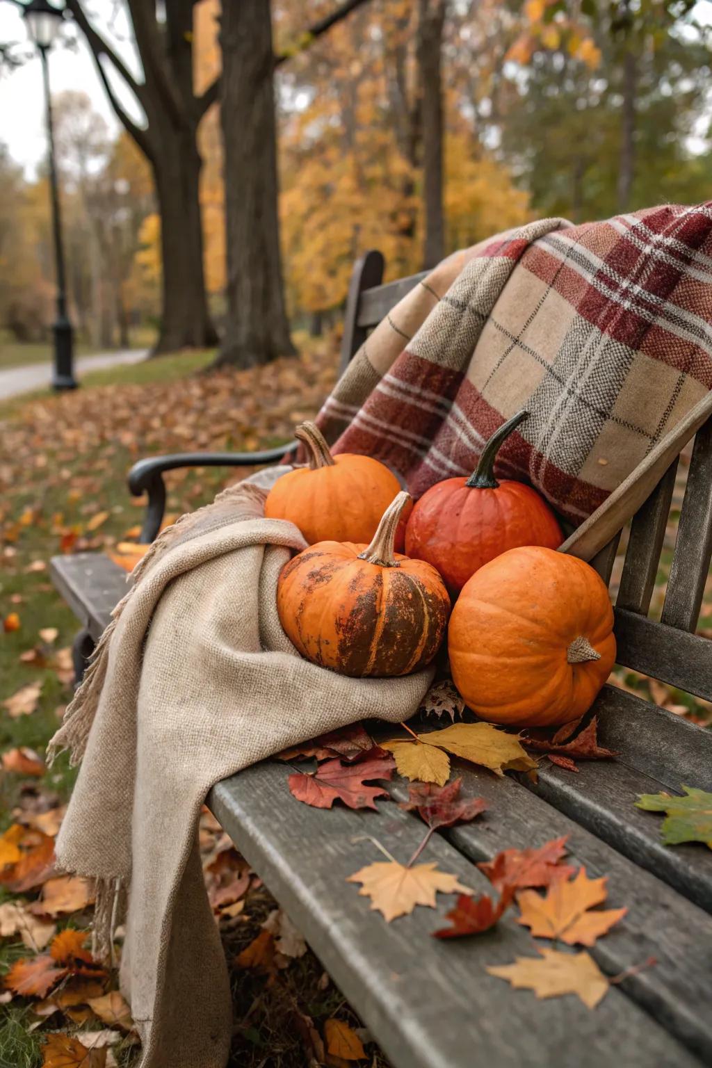 Inviting material-enclosed pumpkins for a countryside touch.
