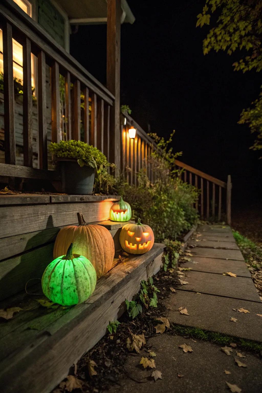 Pumpkins shining brightly in the dark, ideal for Halloween.