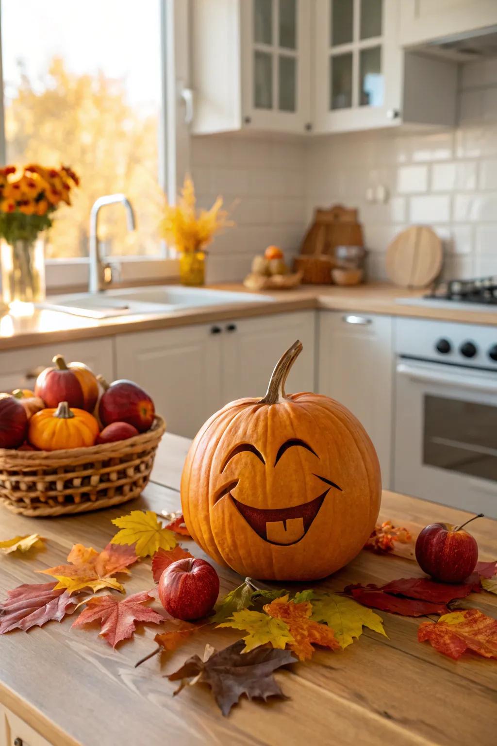 A vivid emoji pumpkin injecting contemporary fun into autumn.
