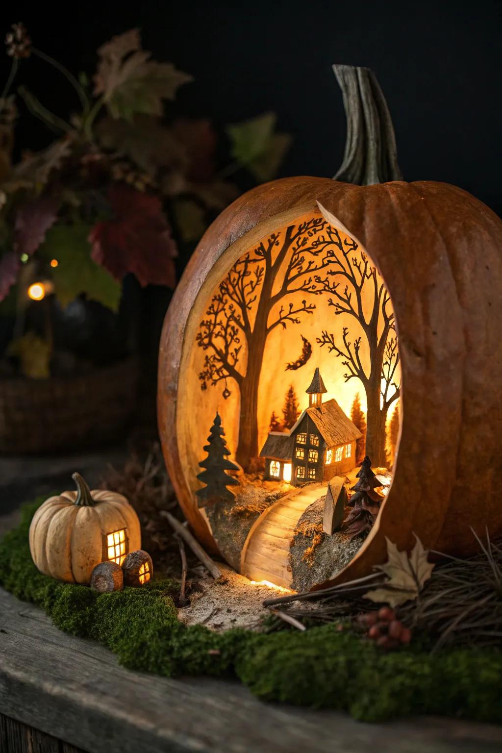 A magical pumpkin diorama with a miniature village.