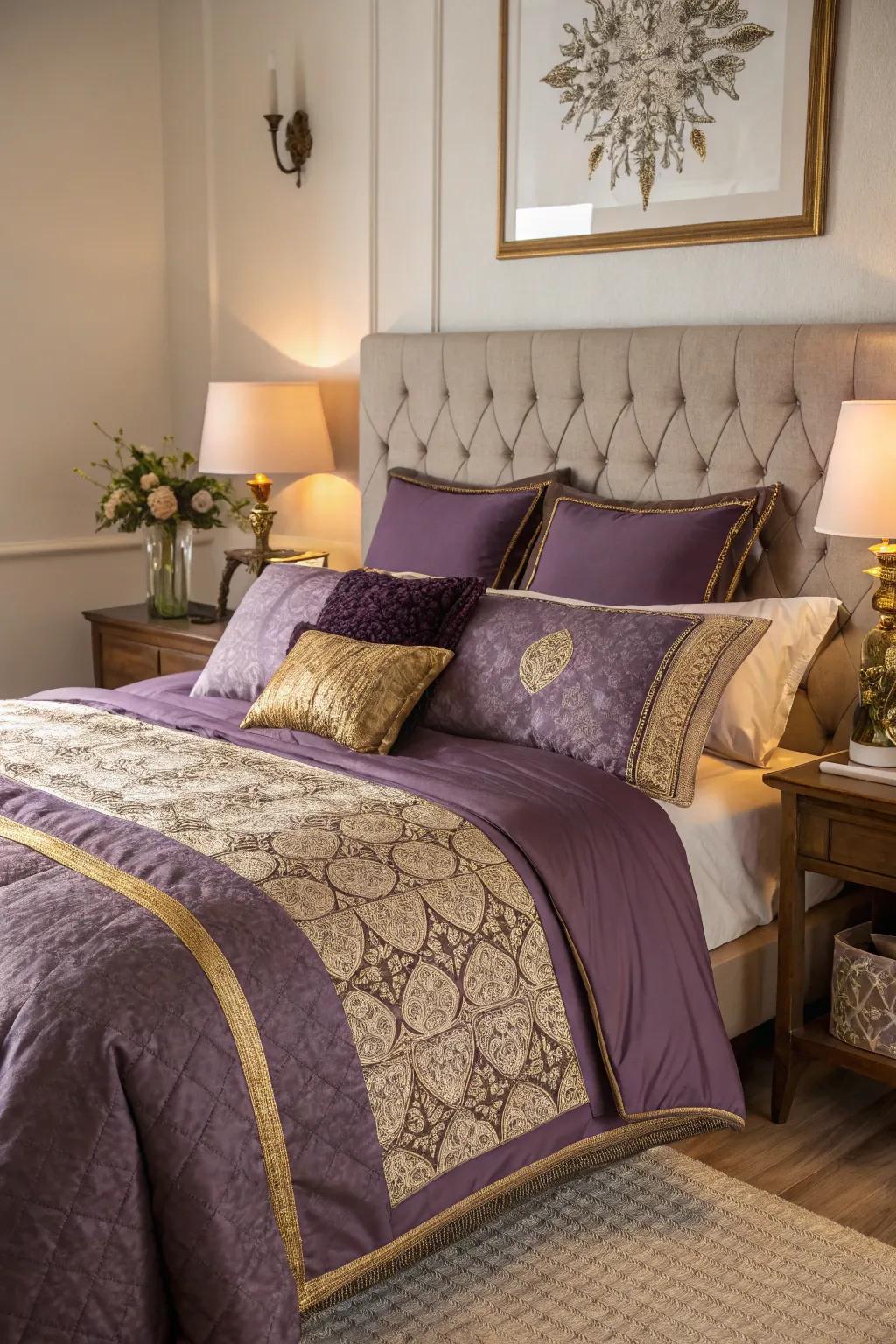 Layered bedding in purple and gold offers a lavish and versatile look.