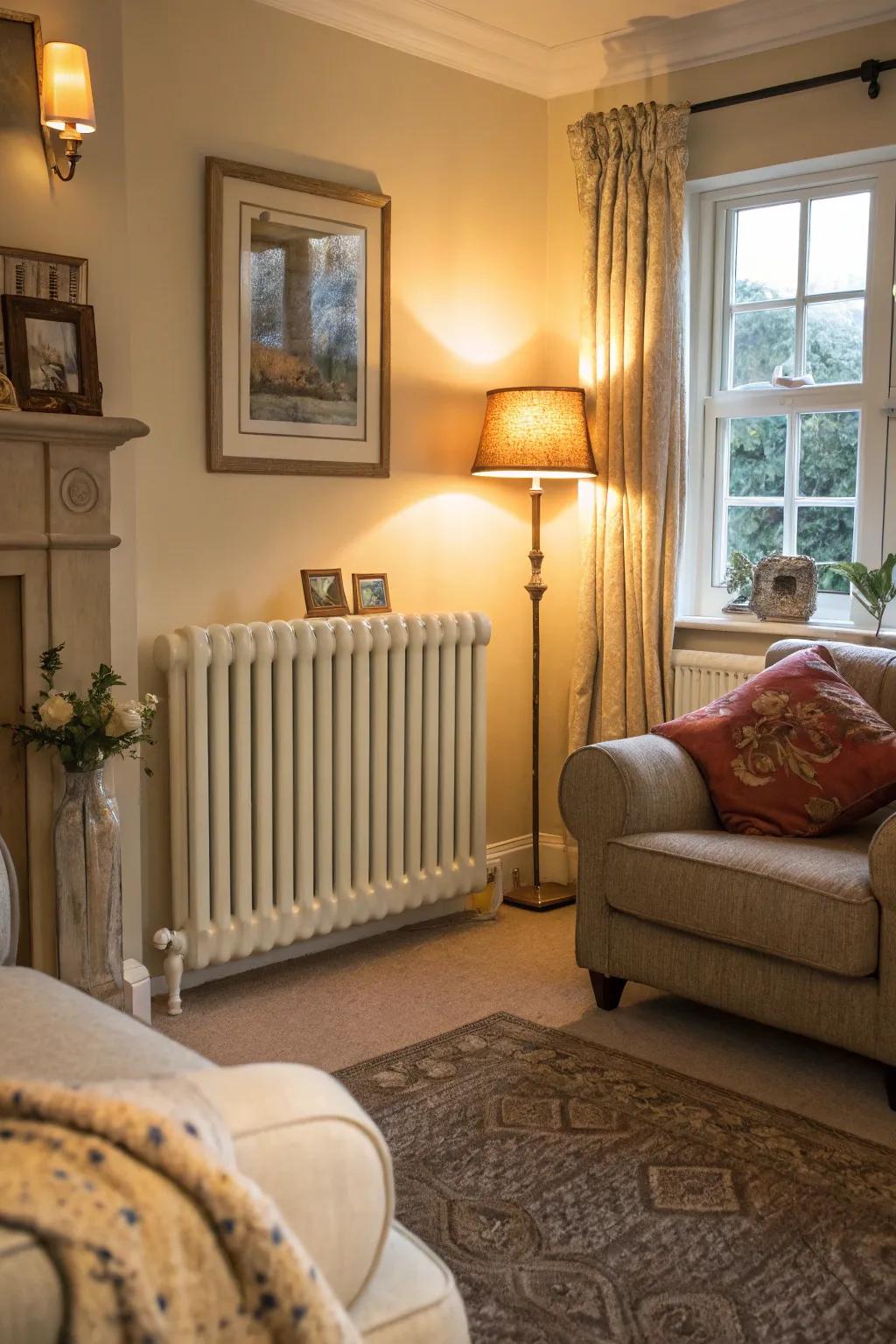 Off-white radiators promise cozy continuity.
