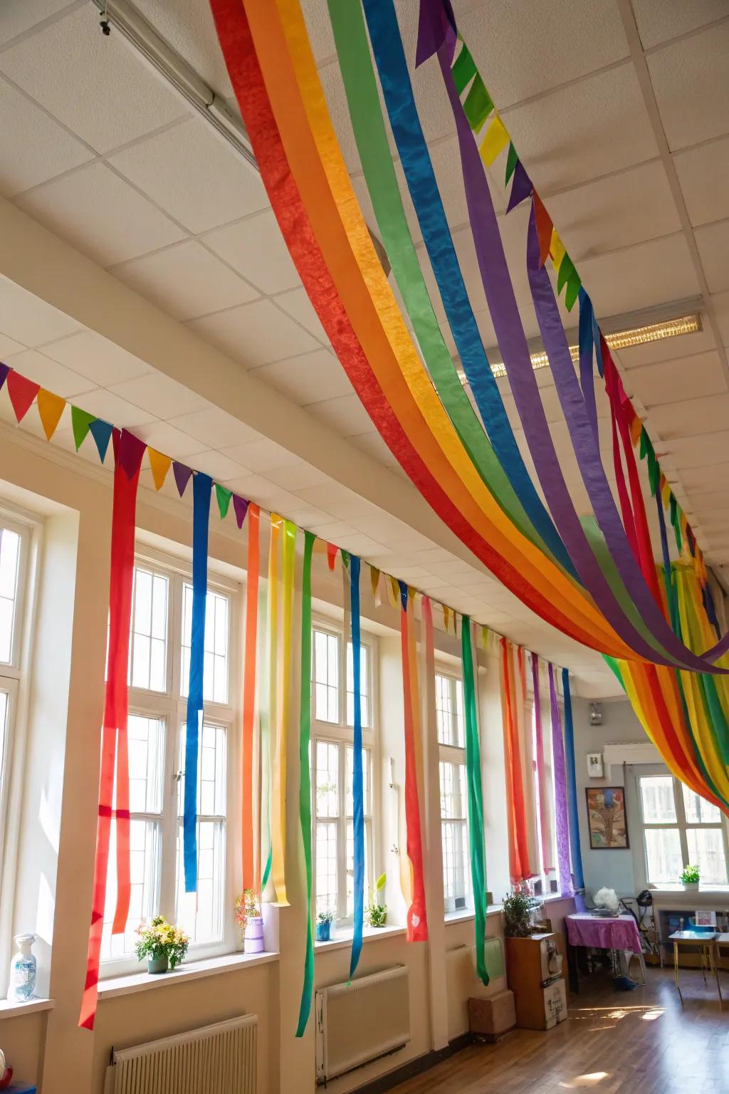 A fun room swagged out with lively spectral streamers.