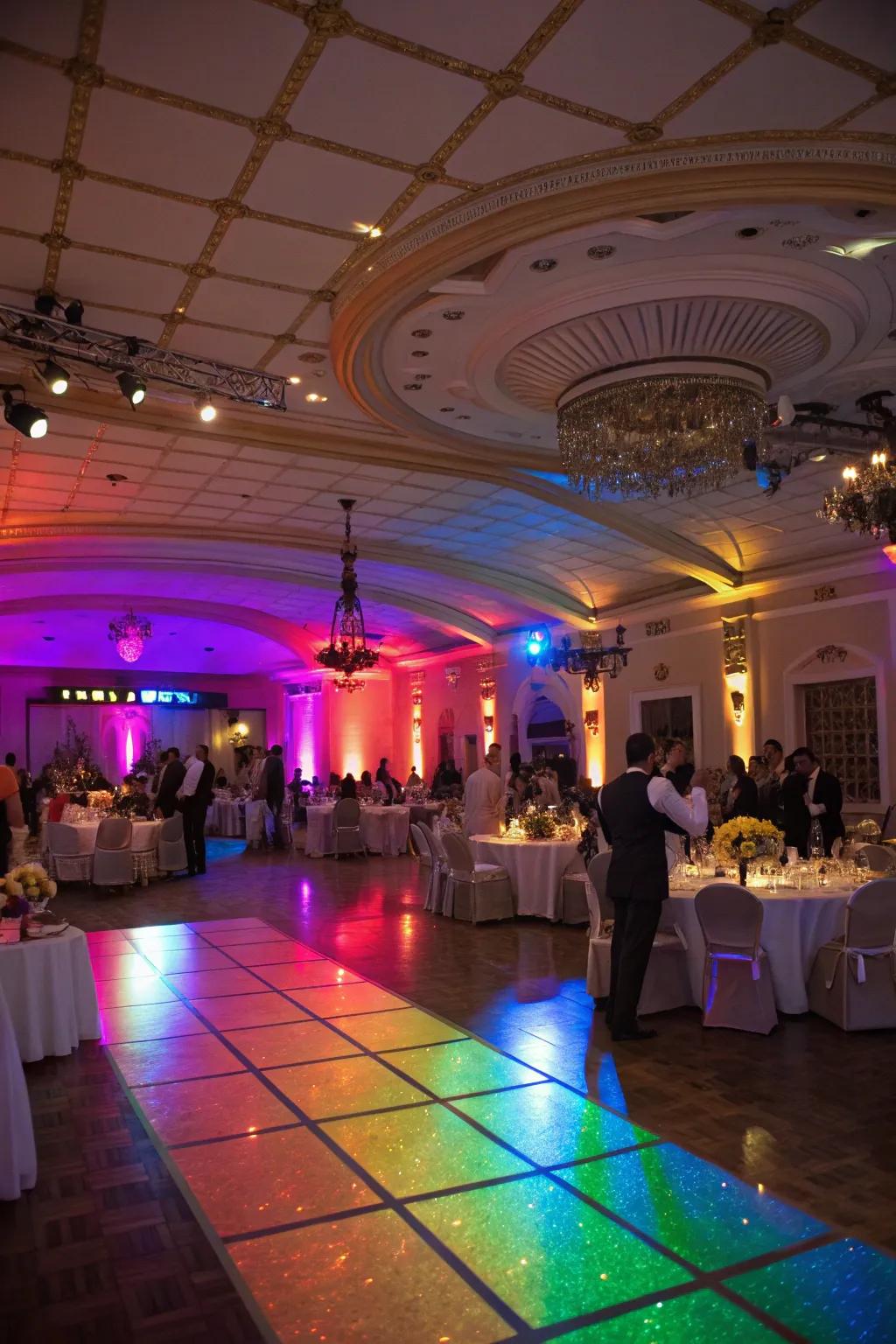 A wedding gathering venue exquisitely illuminated with prismatic illumination.