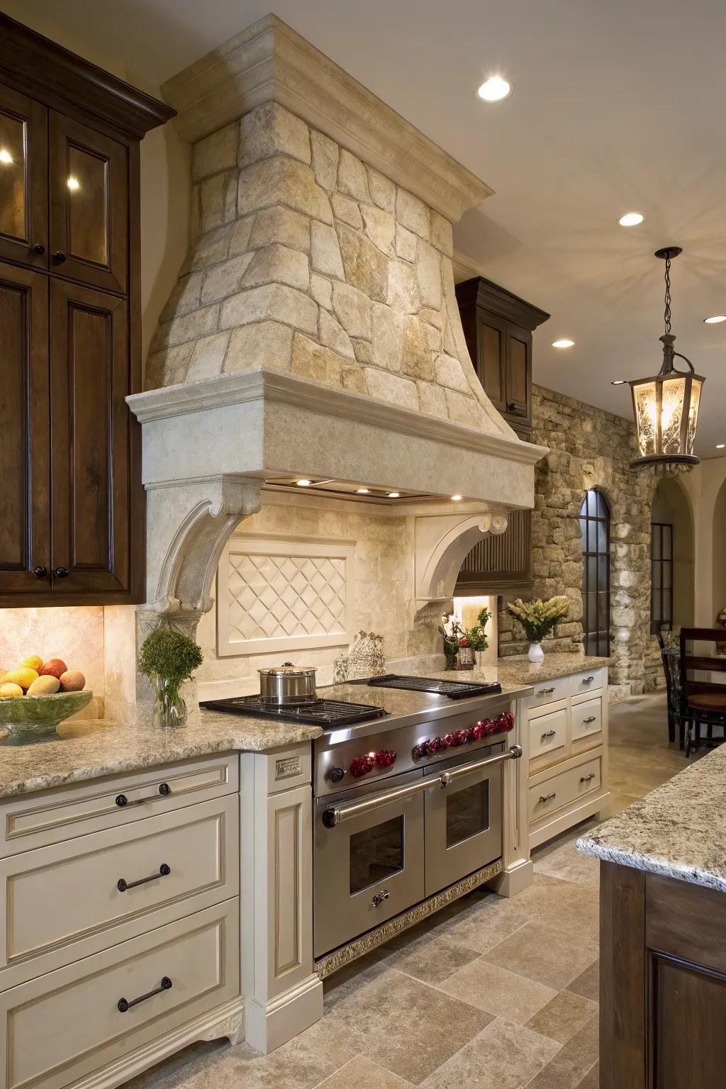 A natural stone range hood radiates elegance and luxury.