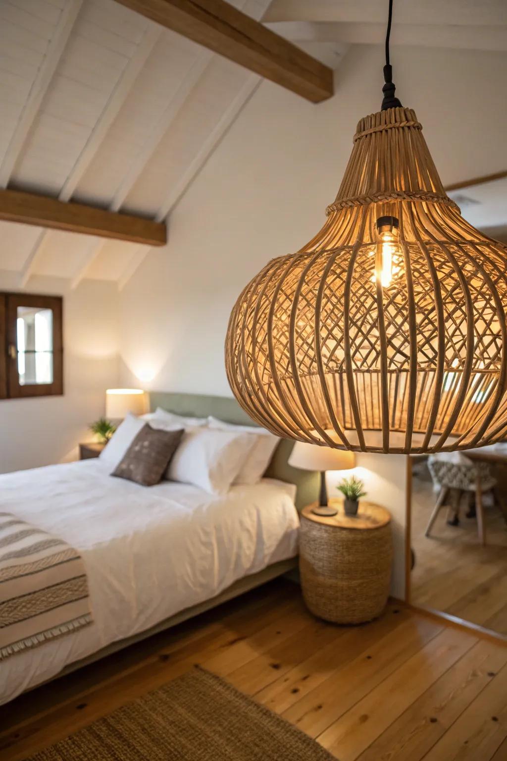 A rattan hanging lamp provides ambient light and style.