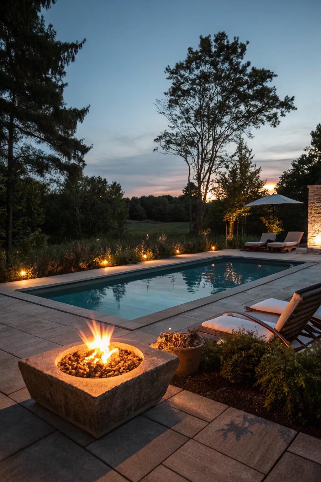 A fire pit gives warmth and mood by the pool.