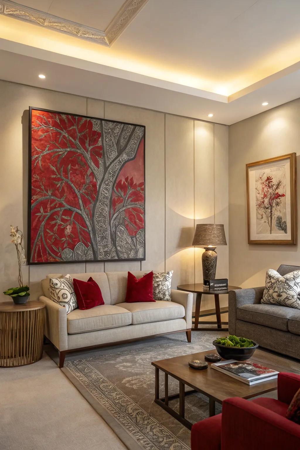 Oversized artwork makes a daring statement in any lounge.