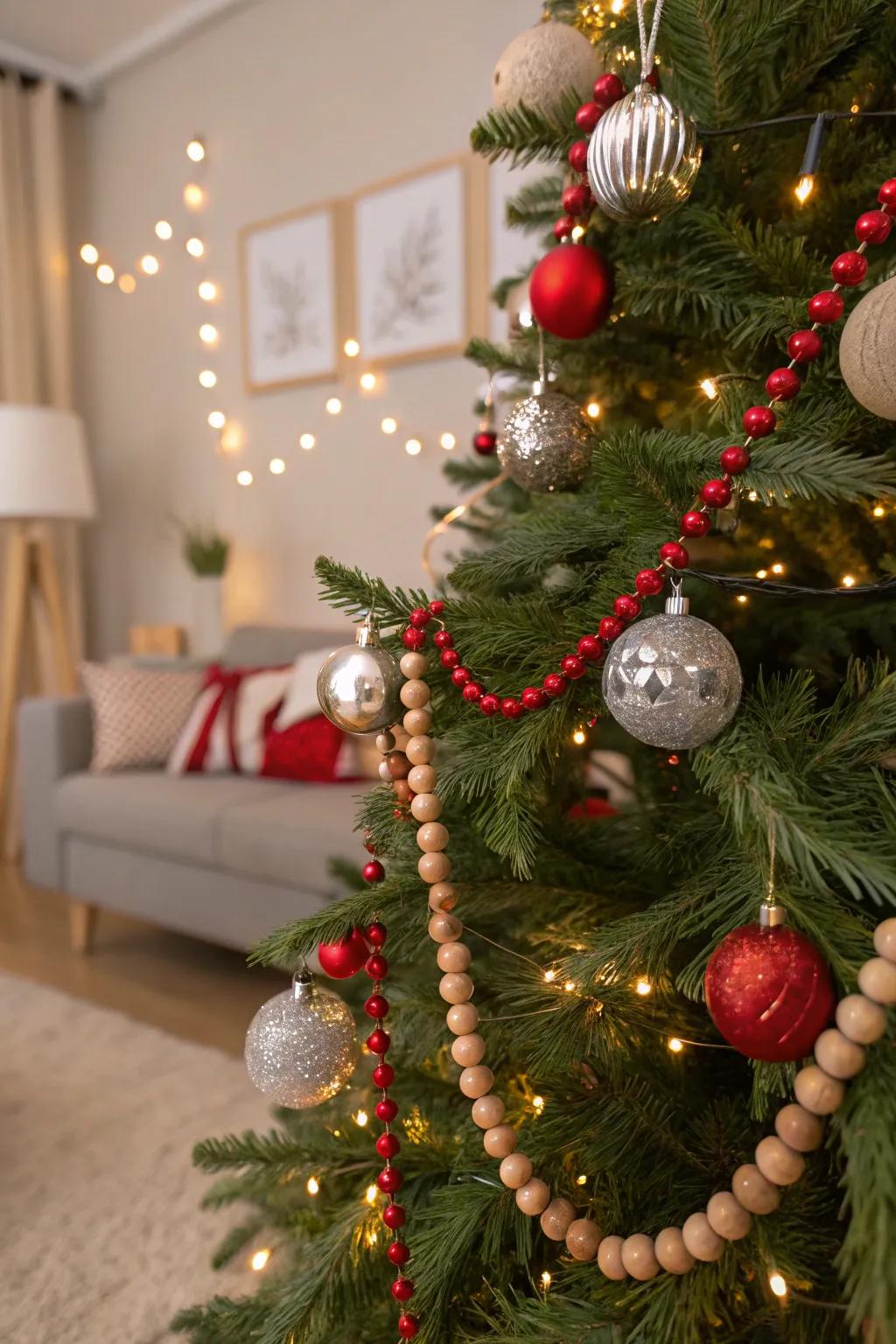 Wooden spheres append texture and depth to your tree.