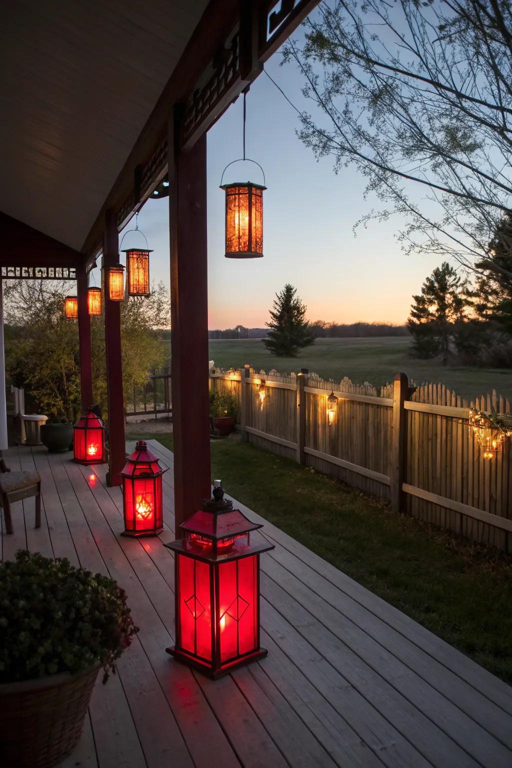 Rustic crimson luminaries forging a cordial exterior ambiance.