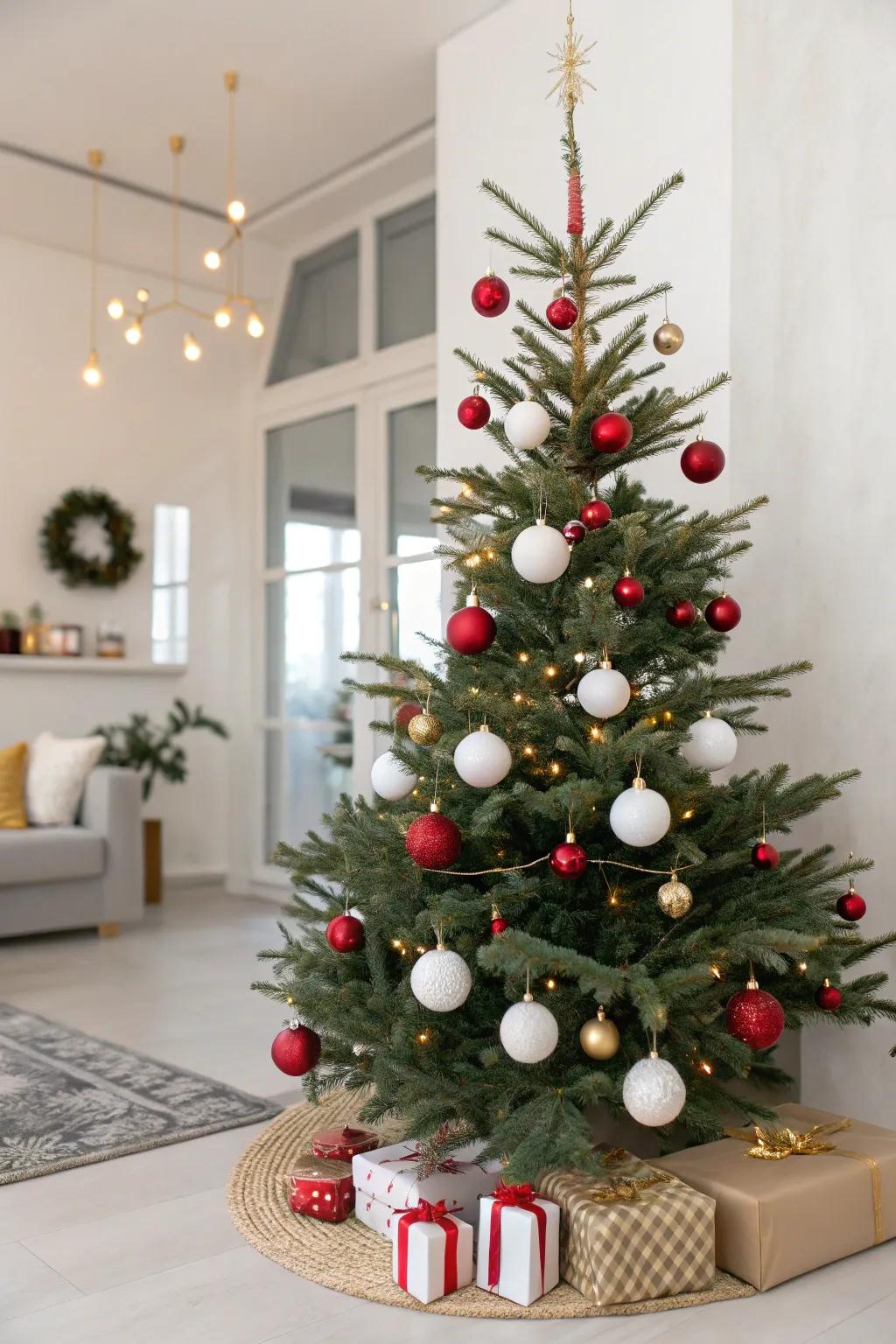 A minimalist approach with simple baubles creates modern elegance.